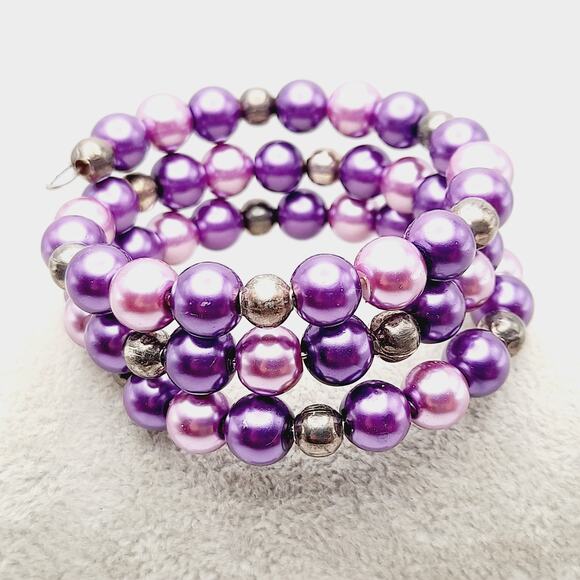 Vintage 1950s Purple Faux Pearl Memory Wire Bracelet - Picture 10 of 10